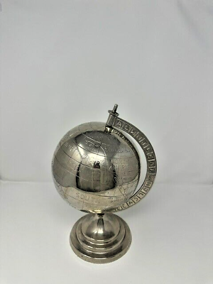 #ad Rotating Desk Globe Large Silver tone Decorative Metal Engraved Geographics 14quot; $59.99