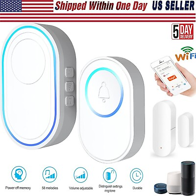 #ad Wireless WiFi Doorbell Alarm with LED 58 Ringtones Work Magnetic Door Sensor $23.99