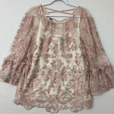 #ad INC International Concepts Floral Cream Dusty Pink Mesh Ruffle Layered Blouse XL $18.00