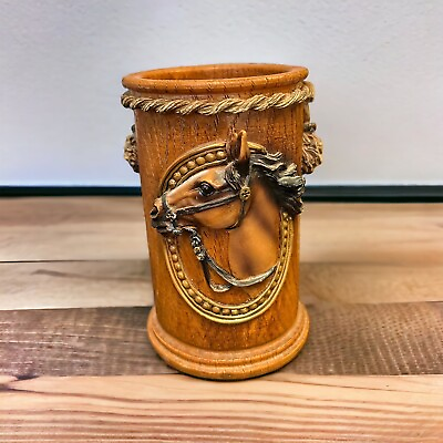 #ad Equestrian Horse Resin Pencil Holder Cup Wood Look Horse Lover Desk Accessory $19.99