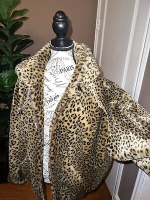 #ad GALLERY Sz L Large HIGH QUALITY SOFT FAUX Leopard FUR HOODED JACKET ZIP Coat $76.00
