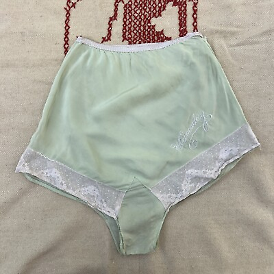#ad Vintage 1930s Mint Green Rayon Shorts “Wednesday” Embroidery Lace Trim HighWaist $165.00