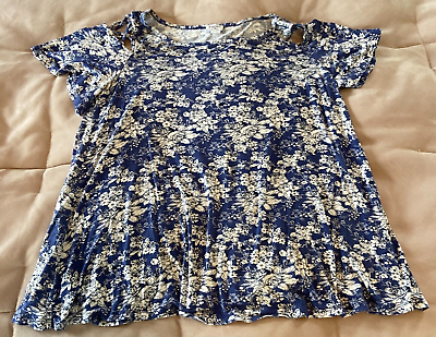 #ad Westport Womens Blue White Patterned Short Detailed Sleeve Rayon Top Size M $9.99