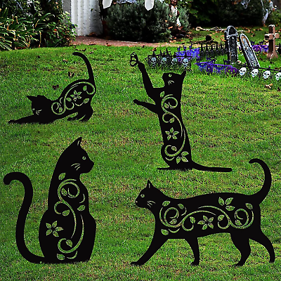 #ad 4 pc Metal Black Cat Silhouette Yard Decoration Cute Signs Garden Bird Repellant $14.95