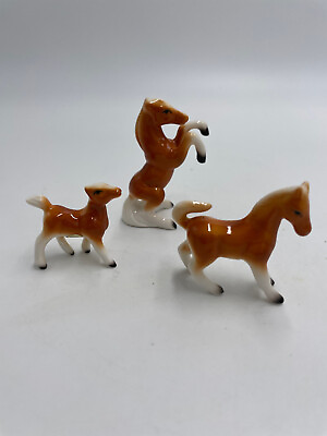 #ad Miniature Horses Figurines Set of 3 VTG Stallion Mare Colt Family Original Box $20.08