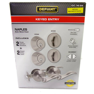 #ad Defiant 1007 789 928 Combo Pack 2 Deadbolts amp; 2 Entry Levers Naples Satin Nickel $29.95