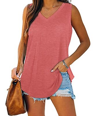 #ad Womens Tank Tops V Neck Basic Solid Color Casual Flowy Summer Large 01 coral $31.63