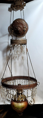 #ad Antique oil lamp electric Chandelier with Hanging crystals collectable Painted $350.00