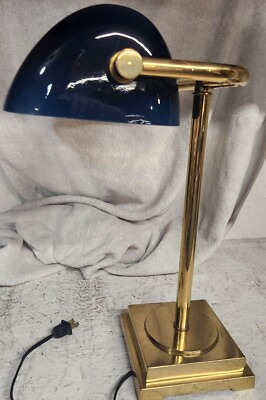 #ad Brass Bankers Desk Lamp Light Rare Cobalt Blue Glass Shade. $49.99