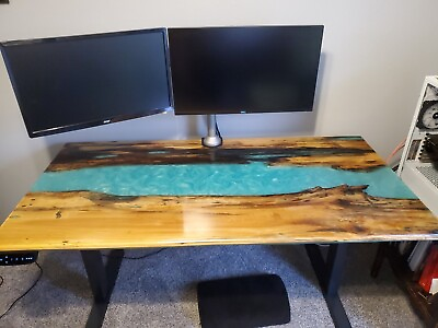 #ad Blue river epoxy console computer desk wooden live edge office furniture decor $380.92