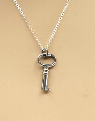 #ad Skeleton Key Pendant Necklace Silverplated Chain 17quot; Collector Key To My Heart $11.47