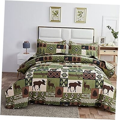 #ad 3Pcs Rustic Lodge Quilt Sets Size Moose Bear Reversible Twin Matcha Bear $55.98