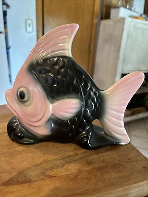 #ad Gorgeous Vintage Black and Pink Ceramic Wall Pocket Fish Planter $30.00
