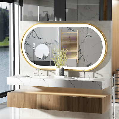 #ad New Upgrade Oval Bathroom Mirror with LED Light Gold Frame Antifog Vanity Mirror $139.91