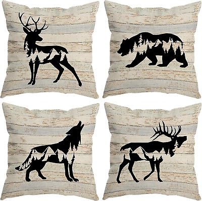#ad Wildlife Animal Bear Deer Elk Wolf Forest Decorative Throw Pillow Cover Wild An $34.99