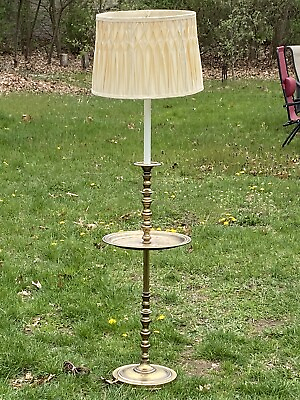 #ad Vintage Mid Century Brass Floor Lamp with Table Tray amp; Pleated Shade $250.00