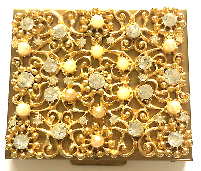 #ad Ladies Brass Powder Compact with Pearls Rhinestones Beautiful Decorative #123 $25.00