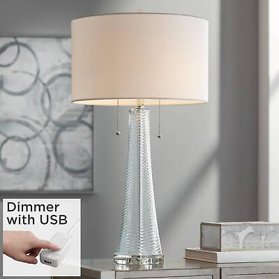 #ad Modern Table Lamp with USB Port Aqua Blue Glass Drum Shade for Living Room $149.98