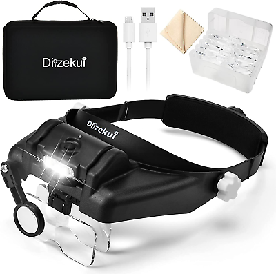 #ad Head Mount Magnifier with LED Light Rechargeable Black Headband Glass $57.21
