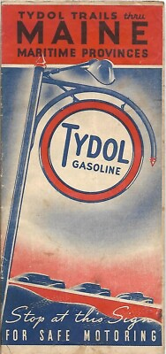 #ad Vintage 1938 TYDOL VEEDOL OIL Road Map MAINE Augusta Portland Maritimes Montreal $13.99