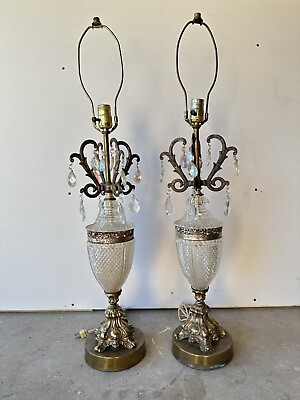 #ad Vintage Antique Crystal Glass Embossed Table Lamps Upscale Estate Pair $399.99