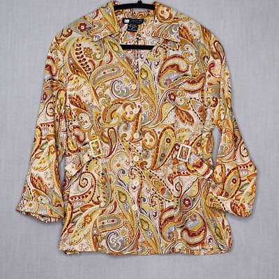#ad CAROLE LITTLE Shirt Womens M 3 4 Sleeve 100% Linen Paisley Jacket Top New $18.00