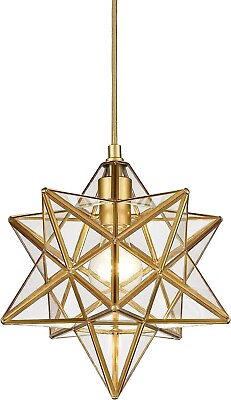 #ad Modern Moravian Star Gold Finish Pendant Clear Glass Hanging Brass Star Light $99.00