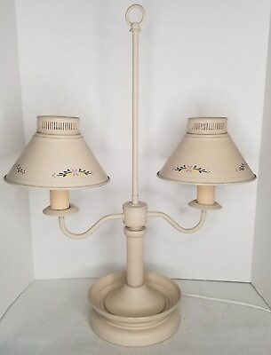 #ad VTG Double Arm Tole Table Desk Lamp Beige With Flowers Shabby Chic Farmhouse $95.00
