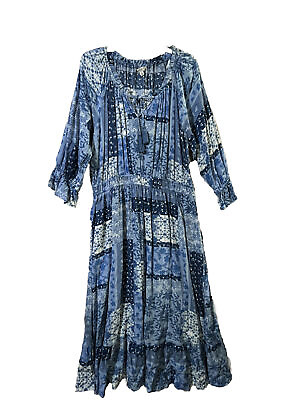 #ad Frye and Co. Women#x27;s Patchwork Smock Waist Long Dress Pockets Size XL Blue White $42.99