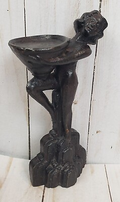#ad Art Deco Metal Women Statue Figurine Holding a Bowl Antique Black 6.5quot; $99.00