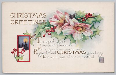 #ad Holiday Holly Pink Flowers amp; Home Night Christmas Greeting Poem Vintage Postcard $1.50