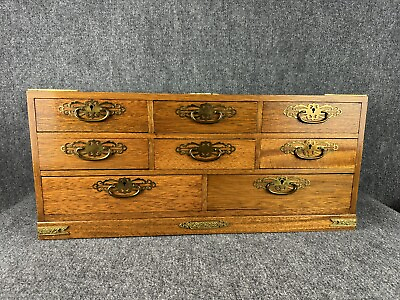 #ad Vintage Chinese Oriental Large Wood Jewelry Box with Brass hardware 25x11x8 NICE $125.00