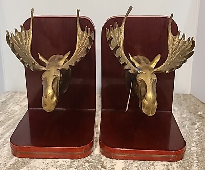 #ad Solid Brass Moose Wood Bookends Pair Office MCM Head Trophy Fancy $160.00