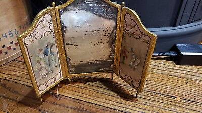 #ad Antique Silk Brass Mirror Triptych Handpainted Screen Courting Scenes French $850.00