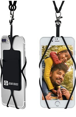 #ad GearBeast Genuine Black Universal Cell Phone Silicone Lanyard W Card Pocket $11.99