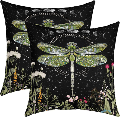 #ad Set of 2 Wildflower Dragonfly Outdoor Throw Pillow Covers Moon Phase Botanical $28.99