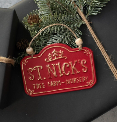 #ad Primitive Vtg Style Retro Red St Nicks Christmas Tree Farm Tin Ornament Sign $14.90