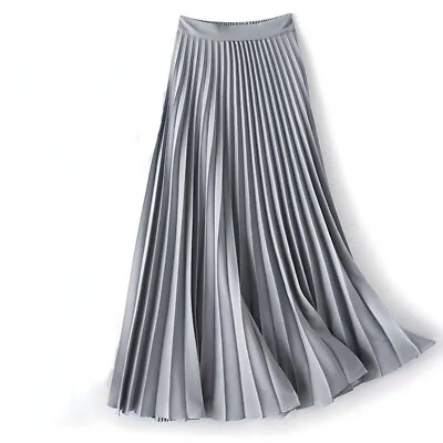 #ad Lady Midi Satin Pleated Skirt Unlined Elastic High Waist Midi Half Dress Elegant $16.79