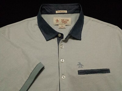 #ad Penguin by Munsingwear Mens Medium Polo Shirt Short Sleeve Gray Striped Cotton $12.50