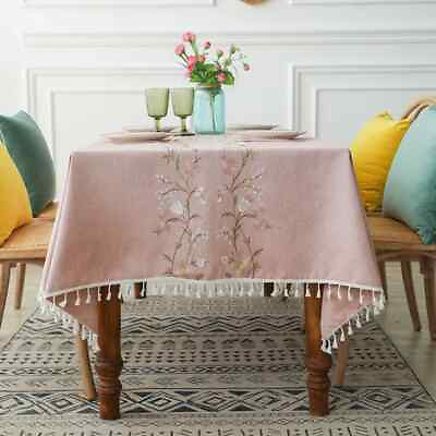 #ad Flower Decor Linen Tablecloth With Tassels Rectangular Table Cover Table Cloth $86.53