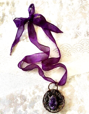 #ad Purple amethyst copper pendant necklace retro bronze setting handmade $22.20