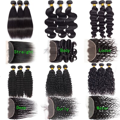 #ad 3 Bundles With 13*4 Lace Frontal Human Hair Straight Body Loose Deep Curly Water $209.92