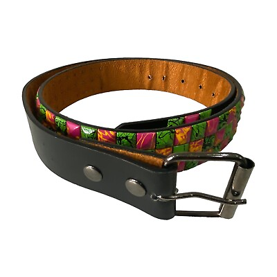 #ad Italy Style Genuine Leather Belt Three Rows Multicolored Pyramid Studs L 38 40 $19.99