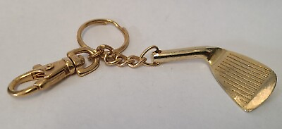#ad Golf Club Key Ring FOB Chain Gold Color Metal Golfing Wedge Style Vintage Holder $16.95