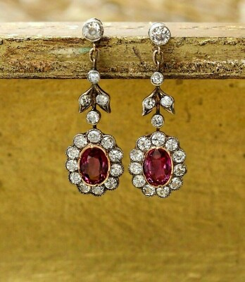 #ad Lab Created Ruby Dangle Earrings 925 Fine Silver Victorian Style Estate Jewelry $218.50