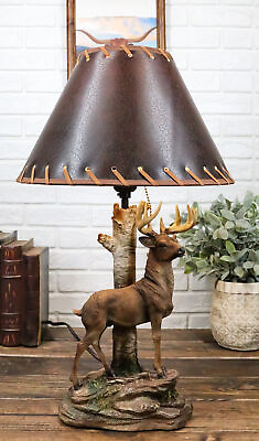 #ad Rustic Country Grand Elk Stag Deer By Birch Tree Desktop Table Lamp With Shade $76.99