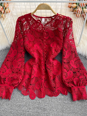 #ad Vintage Hollow Out Lace Blouse Women Elegant Lantern Single Breasted Tops $51.41
