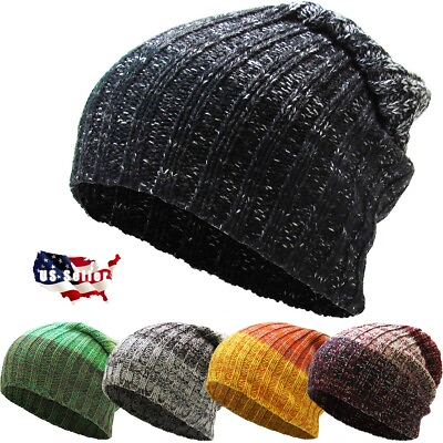 #ad #ad Tri Tone Ribbed Knit Slouchy Beanie Baggy Style Skull Cap Winter Unisex Ski Hat $7.99