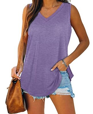 #ad Womens Tank Tops V Neck Basic Solid Color Casual Flowy Small 01 grey Purple $31.63