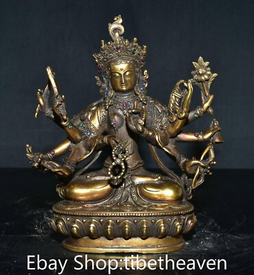 #ad 8.8quot; Old Tibet Bronze Gilt Gems Buddhism 10 Arms Guanyin Goddess Sculpture $220.00